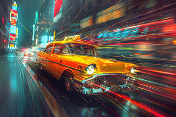 Taxi cab driving fast at night with blurry city streets in the background