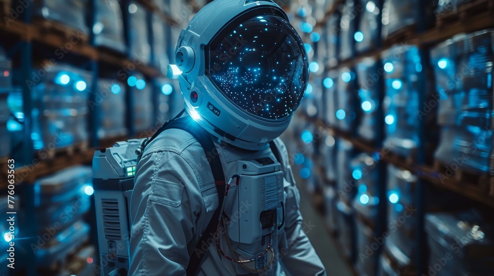 Aufkleber An engineer is picking up boxes on factory floor with his bionic exoskeleton. Robotic exosuit on warehouse worker. Future technology in delivery and logistics.