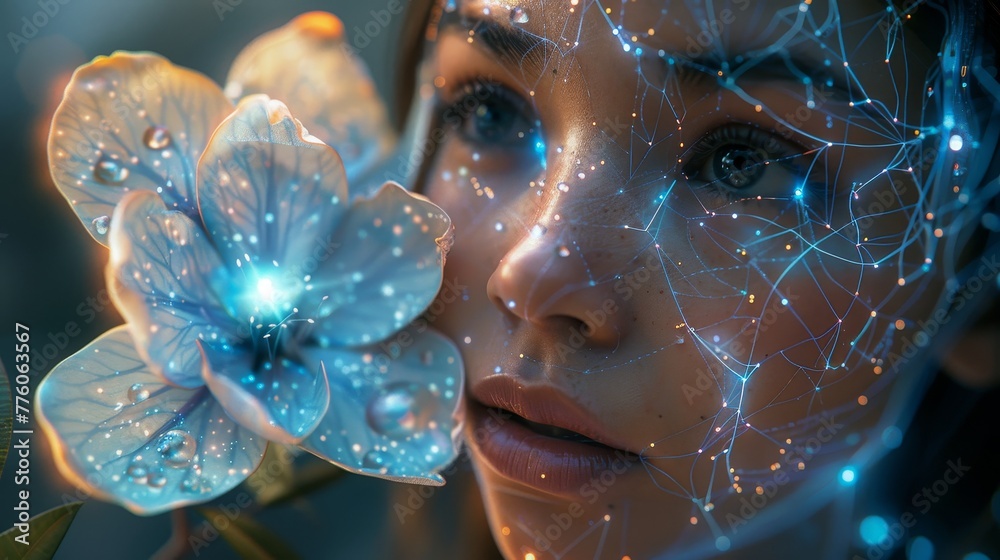 Poster Humanoid robot learning the world. Computer neural network learning. Woman anthropomorphic cyborg robot. AI with electronic brain.