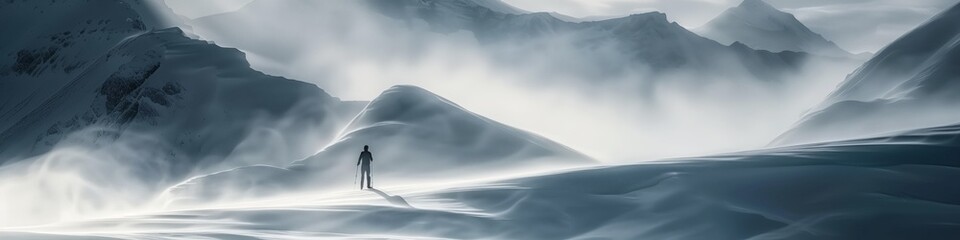 lone explorer standing in vast snowy mountain landscape in winter