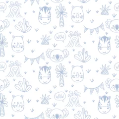 Muurstickers Vector seamless pattern with zebra, koala, rhinoceros.Tropical jungle cartoon creatures.Pastel animals background.Cute natural pattern for fabric, childrens clothing,textiles,wrapping paper. © Оксана Омельченко