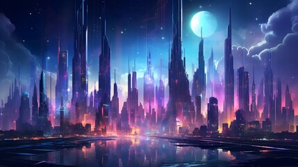 Futuristic city at night. Panoramic view of the city from the ground.