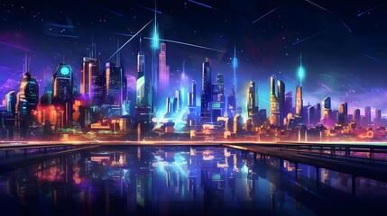 Futuristic city at night with neon lights. Panoramic view.