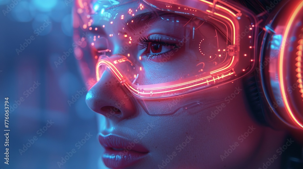 Poster Humanoid female robot avatar chatbot. Round icon of AI face in image. Logo of AI chatbot for online technical support. Headset with microphone on head.