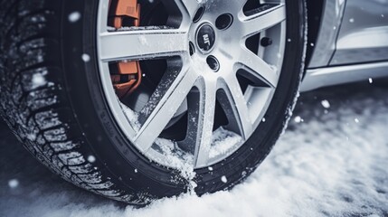 Winter tires on a snowy road in the mountains - snow storm