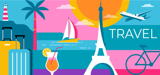 Colorful Geometric Summer and Travel Background, poster, banner. Summer time fun concept design promotion design and illustration