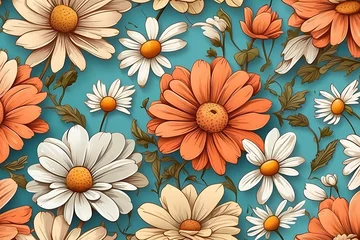 Foto op Canvas Abstract Seamless floral pattern background with chamomile flowers on blue background © ASGraphics