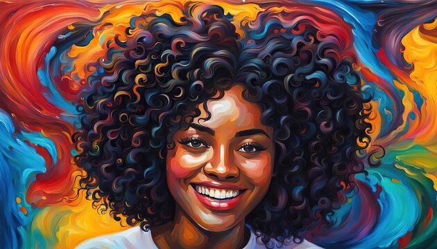 portrait of smiling girl with abstract background, black curly hair smiling girl