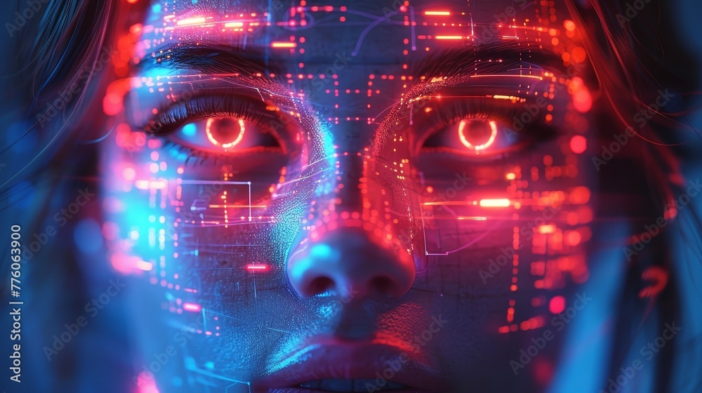 Poster An abstract technology background. An abstract digital computer banner with a futuristic neon neon frame with an AI face in cyberspace. An AI head in cyberspace. An abstract digital computer banner