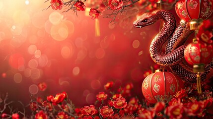 Chinese New Year symbol, Chinese style Christmas background with red Snake, lanterns and flowers, monochromatic red illustration, symbol of 2025 year, AI generated