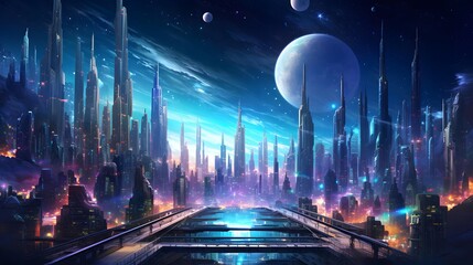 Futuristic city at night with neon lights and full moon, 3d illustration