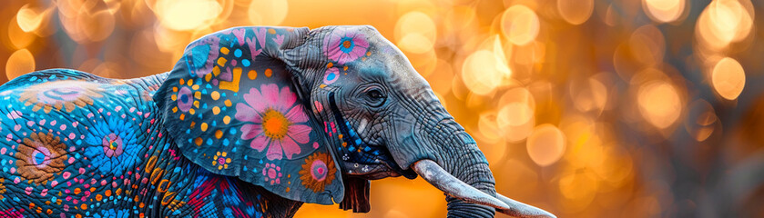 Obraz na płótnie Canvas Painted elephant, vibrant patterns, cultural celebration, festive parade, sunny day, realistic rendering, backlit with warm sunlight, bokeh effect
