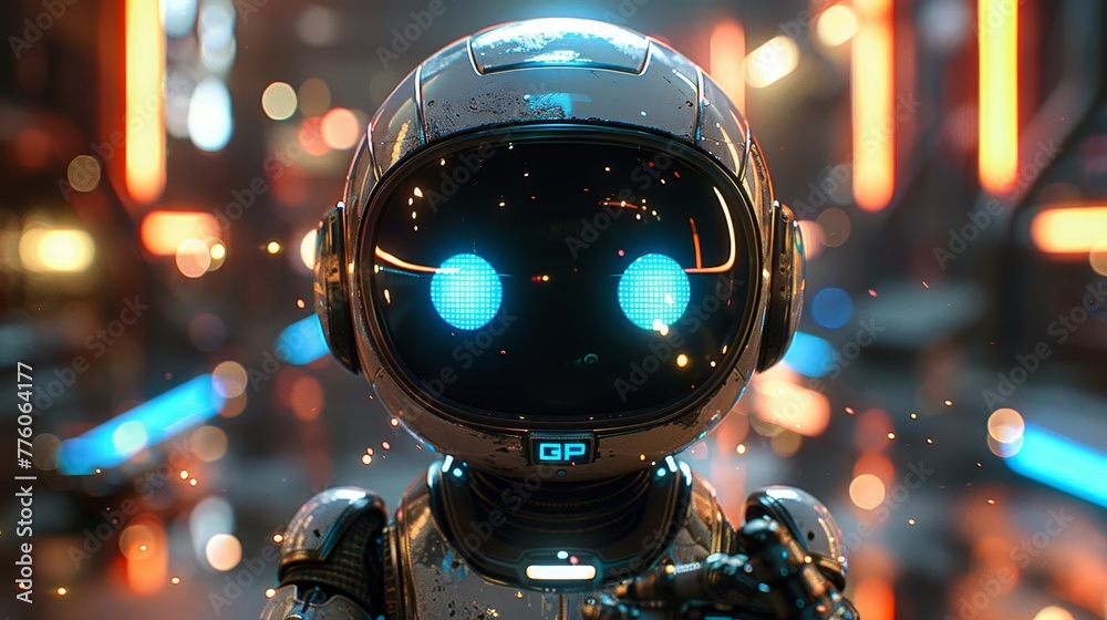 Poster Chatbot programming. Robot chatbot holding a chat bubble in hand. AI virtual chatbot chatting with customer.