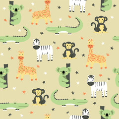Vector seamless pattern with monkey, giraffe, zebra, crocodile, koala.Tropical jungle cartoon creatures.Pastel animals background.Cute natural pattern for fabric, childrens clothing,wrapping paper