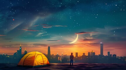 Fototapeta na wymiar yellow camping tent with light on the roof top building skyscraper with city scape view, a person standing beside the tent, sunrise with stars and crescent moon