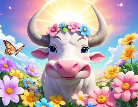 A delightful stock photo of a smiling cow with flowers in her horns, standing in a colorful field under a sunny sky, ideal for agricultural or spring-themed designs