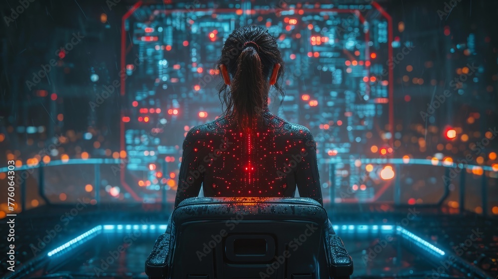 Poster Cyborg woman with AI in armchair on podium in cyberspace. Artificial intelligence rules world. Neural network in image of girl cyborg. Artificial intelligence captured world.