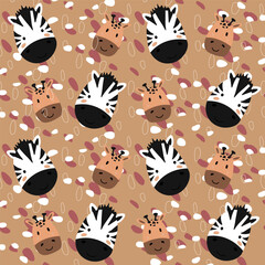 Vector seamless pattern with zebra, giraffe.Tropical jungle cartoon creatures.Pastel animals background.Cute natural pattern for fabric, childrens clothing,textiles,wrapping paper.