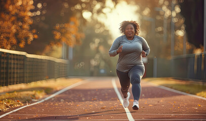 Smiling middle age black woman jogging in city park outside, African American lady running outdoors in morning, AI generated - obrazy, fototapety, plakaty