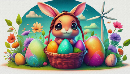 Oil paint style Easter bunny with basket of eggs