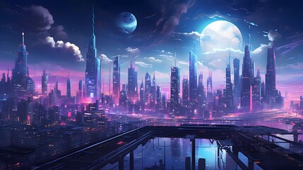 Futuristic city at night with a full moon in the sky