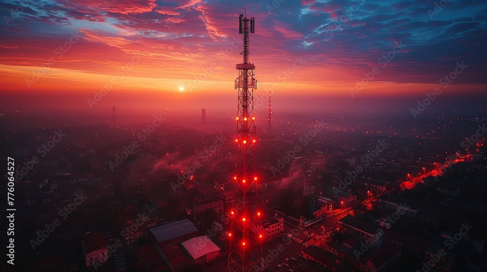 Aufkleber 5G antenna network transmitting telecommunication signals. 5G communication tower broadcasting mobile signals. Communication technology.
