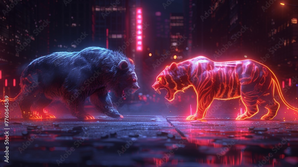 Poster bears and bulls are competing to profit at securities trading exchanges. bears battling on swords fo