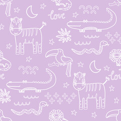 Vector seamless pattern with zebra, snake, toucan, crocodile.Tropical jungle cartoon creatures.Pastel animals background.Cute natural pattern for fabric, childrens clothing,textiles,wrapping paper.