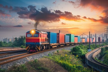 Fototapeta premium Sunset rays casting over a busy cargo train yard with colorful containers, showcasing urban transportation and logistics.