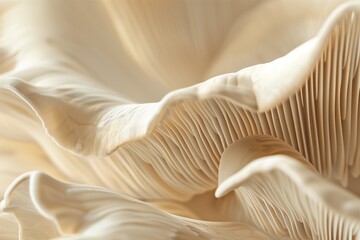 A closeup of the edge and texture of an oyster mushroom, showcasing its unique patterned edges in neutral tones. The soft cream background highlights details. Soft natural light, macro - obrazy, fototapety, plakaty