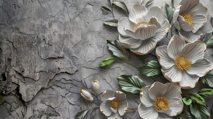 Naklejki  Volumetric floral arrangements on an old concrete wall with gold elements.
