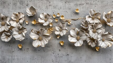 Volumetric floral arrangements on an old concrete wall with gold elements. - obrazy, fototapety, plakaty