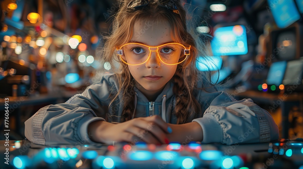 Aufkleber Child creates program for controlling robot on laptop, phone using programming language. Children learn computer game technology, robotics, engineering. Programming game AI robot at school.
