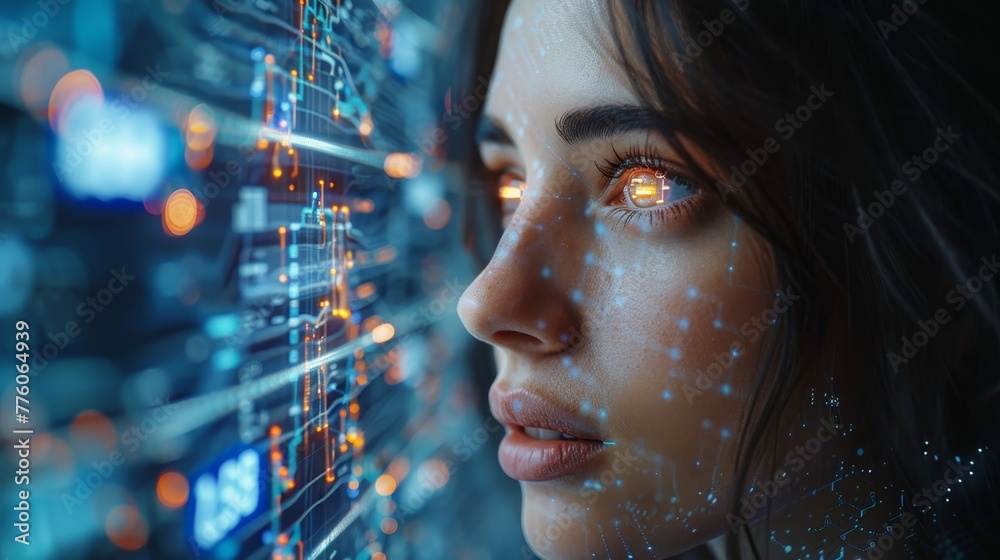 Poster Trading robot. AI for automating trading on the stock exchange. Artificial intelligence design the trading strategy. Neural networks in a robotic image or cyborg woman analyze financial charts.