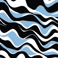 Abstract waves in black, white, and shades of blue.
