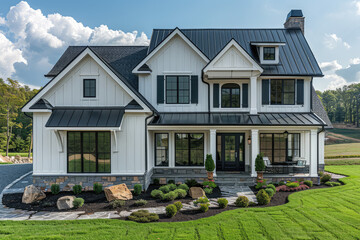 Fototapeta na wymiar An award-winning photo of the exterior front view of a large, elegant, and modern farmhouse-style home with white walls and a black roof in Virginia on a bright. Created with Ai