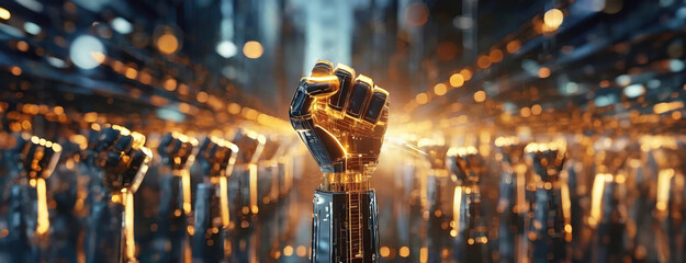 A golden robotic hands raised among crowd. Artificial intelligence strike against cyber security. Panorama with copy space.