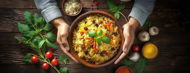 Aromatic biryani dish garnished with herbs, hands poised to serve. The culinary art of spiced rice, inviting and rich in flavours, ready for enjoyment.