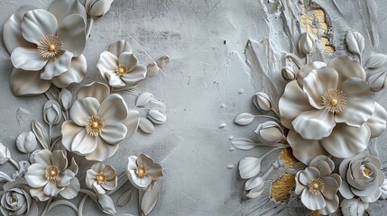 Volumetric floral arrangements on an old concrete wall with gold elements. - obrazy, fototapety, plakaty