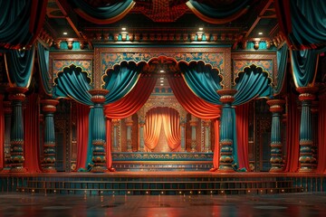 Bollywood film set with lavish decorations, colorful costumes, and dance stage , 3D illustration