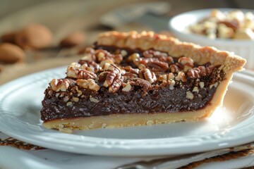 A decadent slice of chocolate pecan pie topped with whole pecans on a cream plate, ready to be served. - obrazy, fototapety, plakaty