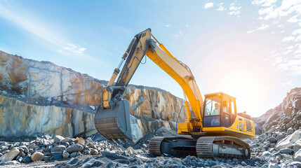 A yellow and black construction machine is digging into a pile of rocks. The machine is large and powerful, and it is surrounded by a rocky landscape. Concept of hard work and determination