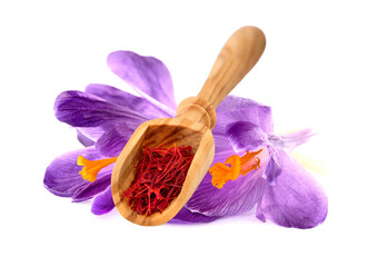Saffron spice in wooden spoon. Crocus  flowers  bouquet in closeup on white background.