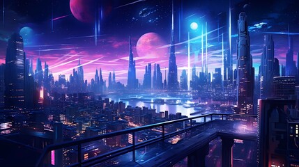 Futuristic city at night with neon lights. Panoramic view