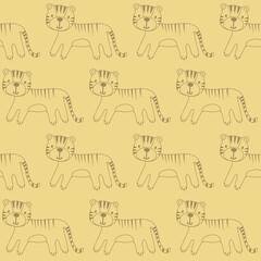Vector seamless pattern with tiger.Tropical jungle cartoon creatures.Pastel animals background.Cute natural pattern for fabric, childrens clothing,textiles,wrapping paper.