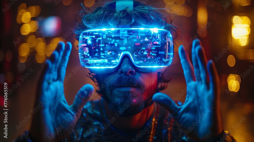 Aufkleber An individual in a VR headset or glasses of virtual reality looks at and interacts with the holographic simulation. This is a person playing computer video games in VR space with his controller.
