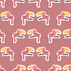 Vector sticker pattern with toucan.Tropical jungle cartoon creatures.Pastel animals background.Cute natural pattern for fabric, childrens clothing,textiles,wrapping paper.