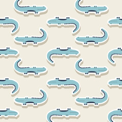 Vector sticker pattern with crocodile.Tropical jungle cartoon creatures.Pastel animals background.Cute natural pattern for fabric, childrens clothing,textiles,wrapping paper.