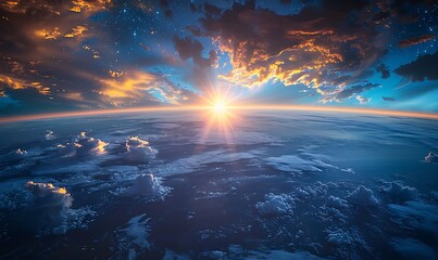Blue Sunrise. Mesmerizing Earth View from Space, Captivating Serenity in Blue Hues - obrazy, fototapety, plakaty