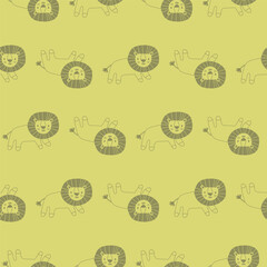 Vector seamless pattern with lion.Tropical jungle cartoon creatures.Pastel animals background.Cute natural pattern for fabric, childrens clothing,textiles,wrapping paper.